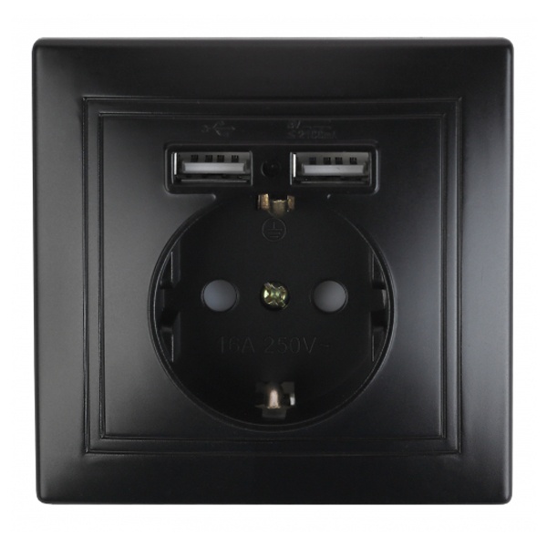 Розетка Intro 2P+E Schuko со шторками 16А 250В + 2хUSB 5В-2,1А Plano, антрацит 1-410-05