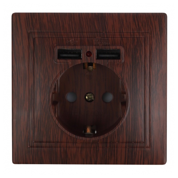 Розетка Intro 2P+E Schuko со шторками 16А 250В + 2хUSB 5В-2,1А Plano, венге 1-410-10