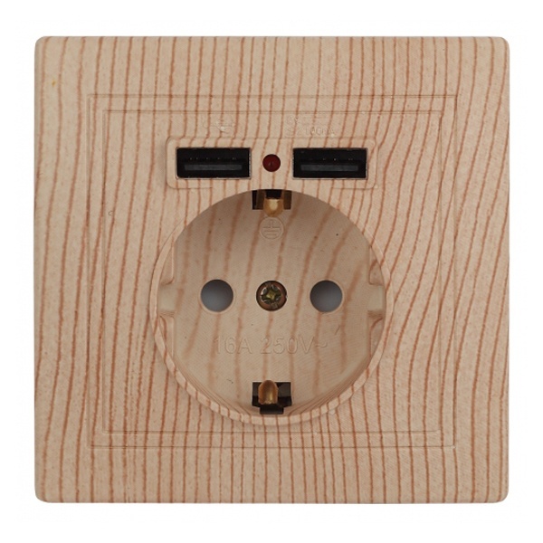 Розетка Intro 2P+E Schuko со шторками 16А 250В + 2хUSB 5В-2,1А Plano, сосна 1-410-11