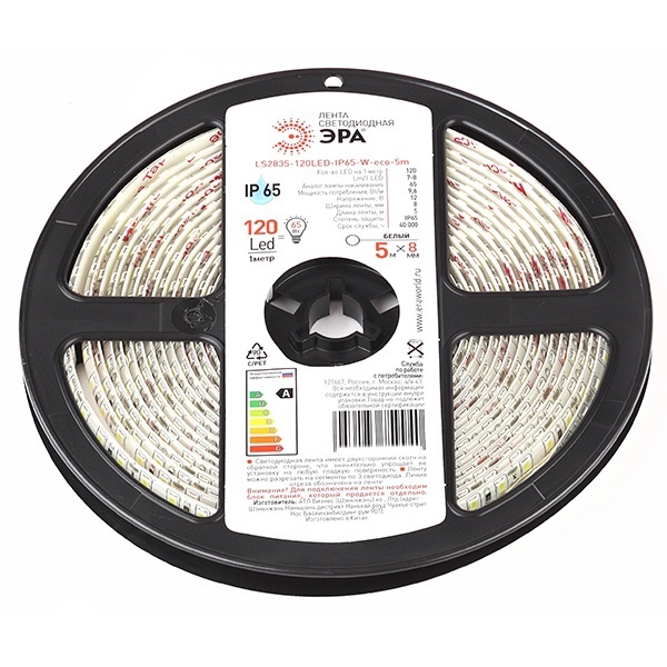 Светодиодная лента ЭРА LS2835-9,6-120-12-6500K-IP65-2year-5m холодный белый 5056306064616