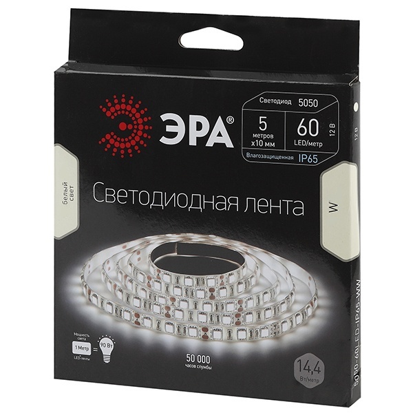 Светодиодная лента ЭРА LS5050-14,4-60-12-6500K-IP65-2year-5m холодный белый 5056306064692