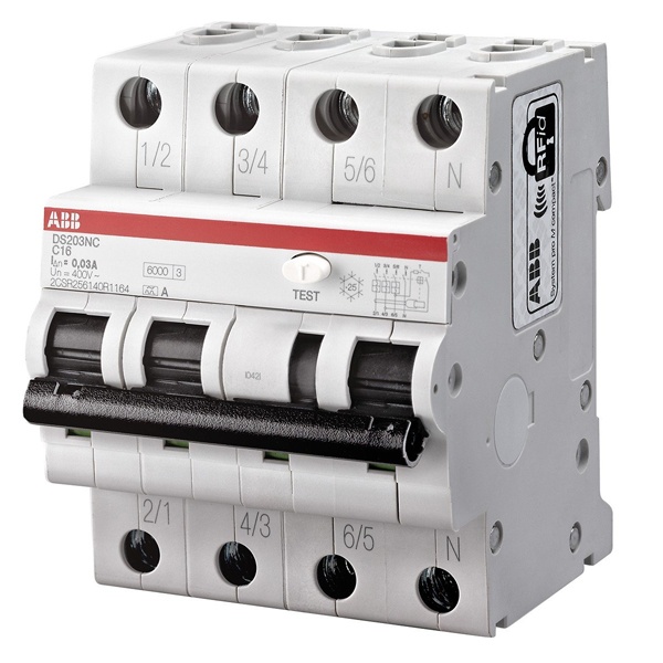 Дифференциальный автомат ABB DS203NCL C16А 30mA тип АС 3P+N трехфазный электромеханический 4,5кА (дифавтомат, АВДТ)