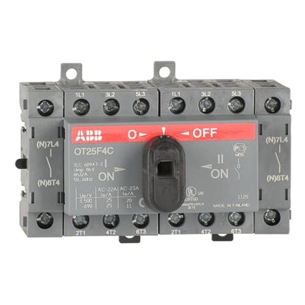 Реверсивный рубильник OT25F4C до 25A 4х полюсный для установки на DIN-рейку или плату (c ручкой) (выключатель нагрузки)