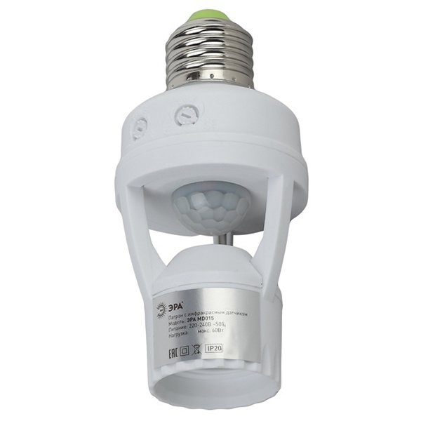 Датчик движения ЭРА MD 015 белый E27 60W угол 360гр. дальность 6м IP20