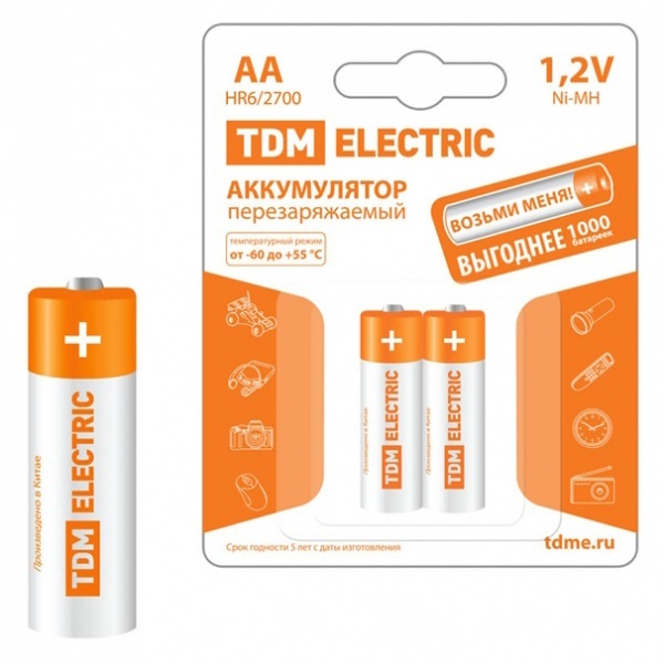 Аккумулятор TDM AA HR6 1.2V 2700mAh Ni-MH (упаковка 2шт)