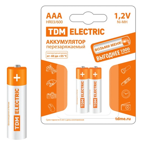 Аккумулятор TDM AAA HR03 1.2V 600mAh Ni-MH (упаковка 2шт)