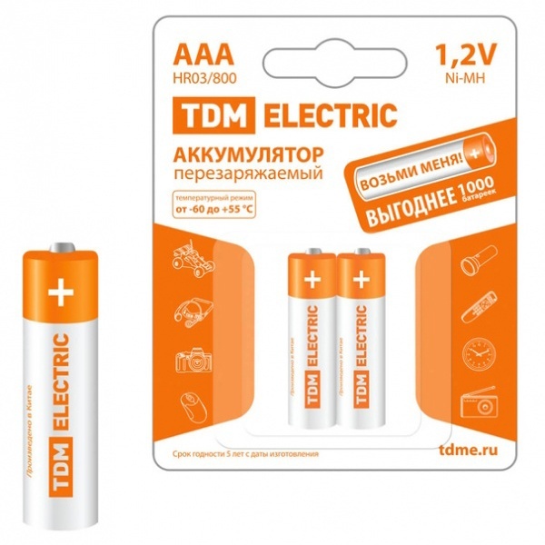 Аккумулятор TDM AAA HR03 1.2V 800mAh Ni-MH (упаковка 2шт)