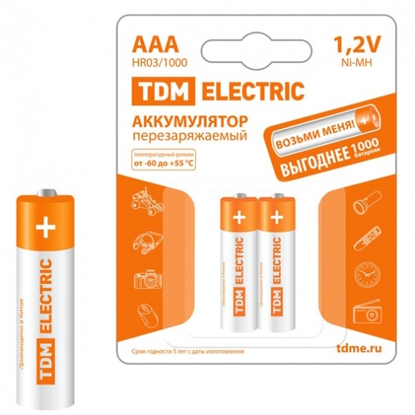 Аккумулятор TDM AAA HR03 1.2V 1000mAh Ni-MH (упаковка 2шт)