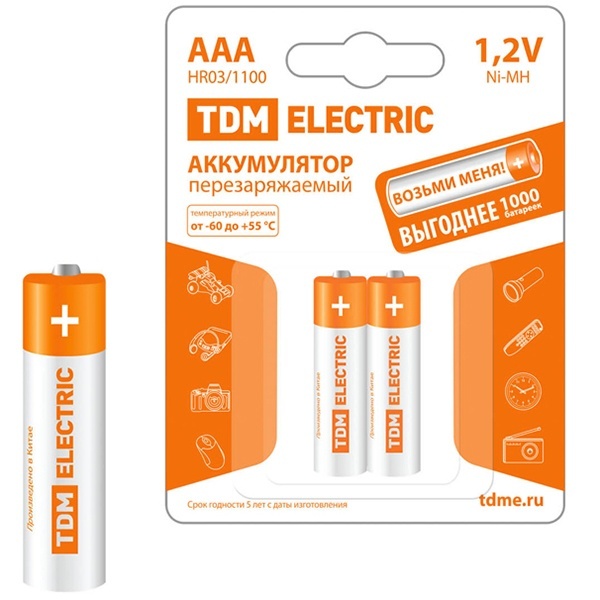 Аккумулятор TDM AAA HR03 1.2V 1100mAh Ni-MH (упаковка 2шт)