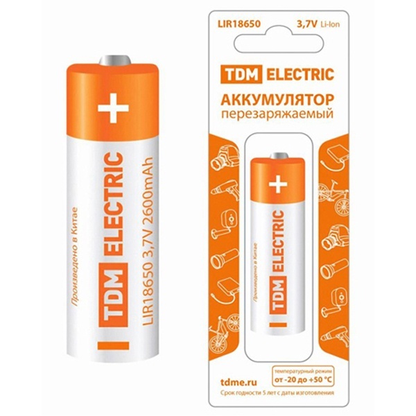 Аккумулятор TDM LIR18650 3,7 В 2600mAh Li-Ion, с защитой (упаковка 1шт)