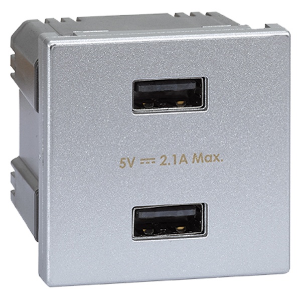 Зарядное устройство Simon K45 2 модуля 2хUSB тип А 5VDC 2,1А 45х45мм, алюминий