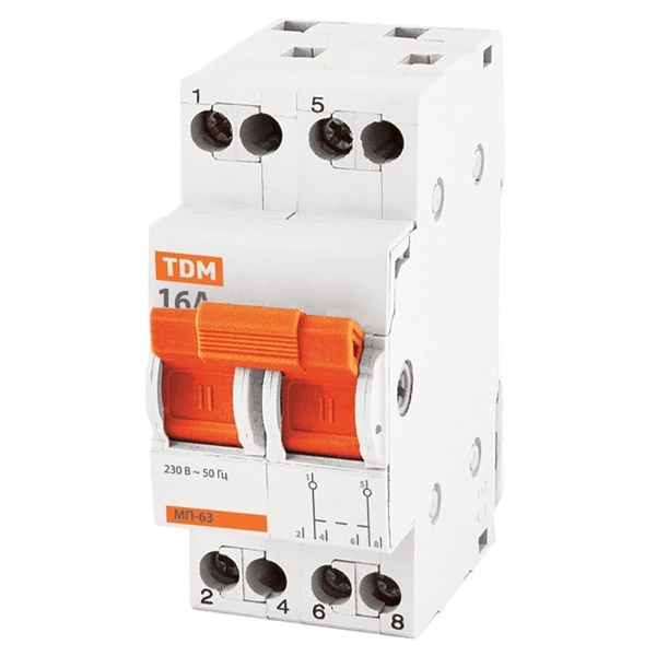 Рубильник реверсивный модульный TDM МП-63 2P 16А 3 положения однофазный (выключатель нагрузки)