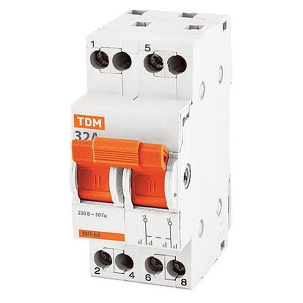 Рубильник реверсивный модульный TDM МП-63 2P 32А 3 положения однофазный (выключатель нагрузки)