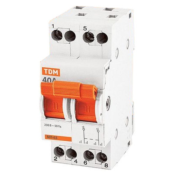 Рубильник реверсивный модульный TDM МП-63 2P 40А 3 положения однофазный (выключатель нагрузки)