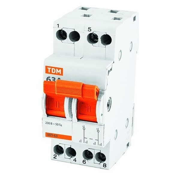 Рубильник реверсивный модульный TDM МП-63 2P 63А 3 положения однофазный (выключатель нагрузки)