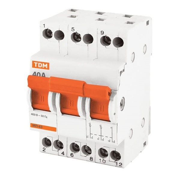 Рубильник реверсивный модульный TDM МП-63 3P 40А 3 положения трехфазный (выключатель нагрузки)