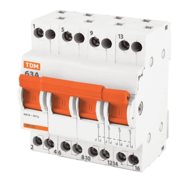 Рубильник реверсивный модульный TDM МП-63 4P 63А 3 положения трехфазный (выключатель нагрузки)