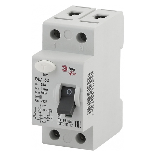 УЗО ЭРА Pro ВД1-63 электромеханическое 1Р+N 25А 10мА тип АС (NO-902-48) (ВДТ)