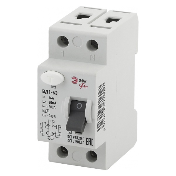 УЗО ЭРА Pro ВД1-63 электромеханическое 1Р+N 16А 30мА тип АС (NO-902-26) (ВДТ)