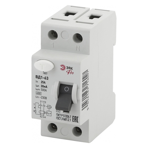 УЗО ЭРА Pro ВД1-63 электромеханическое 1Р+N 25А 30мА тип АС (NO-902-24) (ВДТ)