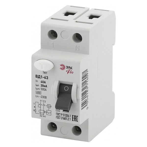 УЗО ЭРА Pro ВД1-63 электромеханическое 1Р+N 40А 30мА тип АС (NO-902-25) (ВДТ)