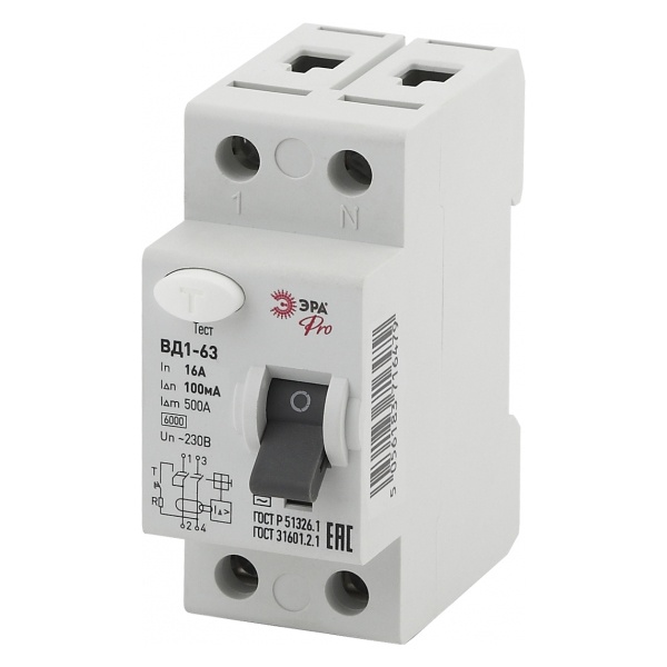 УЗО ЭРА Pro ВД1-63 электромеханическое 1Р+N 16А 100мА тип АС (NO-902-72) (ВДТ)