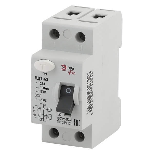 УЗО ЭРА Pro ВД1-63 электромеханическое 1Р+N 25А 100мА тип АС (NO-902-56) (ВДТ)