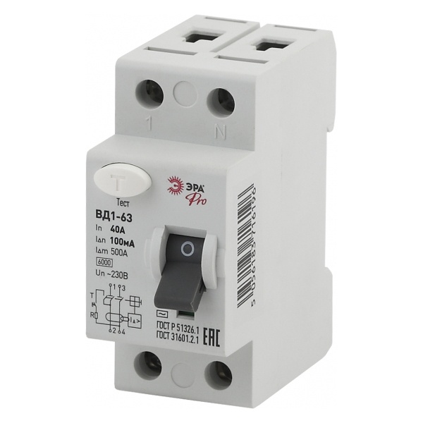 УЗО ЭРА Pro ВД1-63 электромеханическое 1Р+N 40А 100мА тип АС (NO-902-38) (ВДТ)