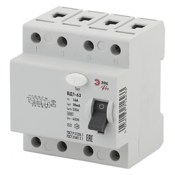УЗО ЭРА Pro ВД1-63 электромеханическое 3Р+N 16А 30мА тип АС (NO-902-43) (ВДТ)