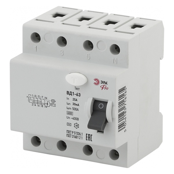 УЗО ЭРА Pro ВД1-63 электромеханическое 3Р+N 25А 30мА тип АС (NO-902-34) (ВДТ)