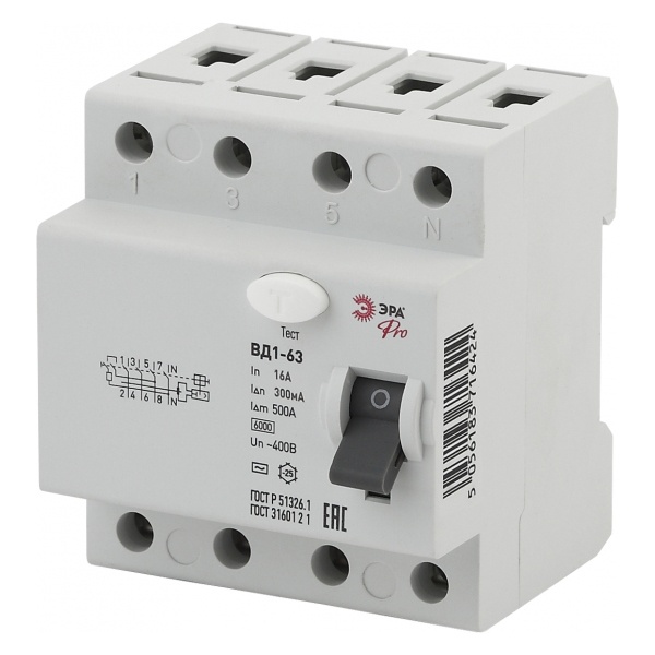 УЗО ЭРА Pro ВД1-63 электромеханическое 3Р+N 16А 300мА тип АС (NO-902-67) (ВДТ)