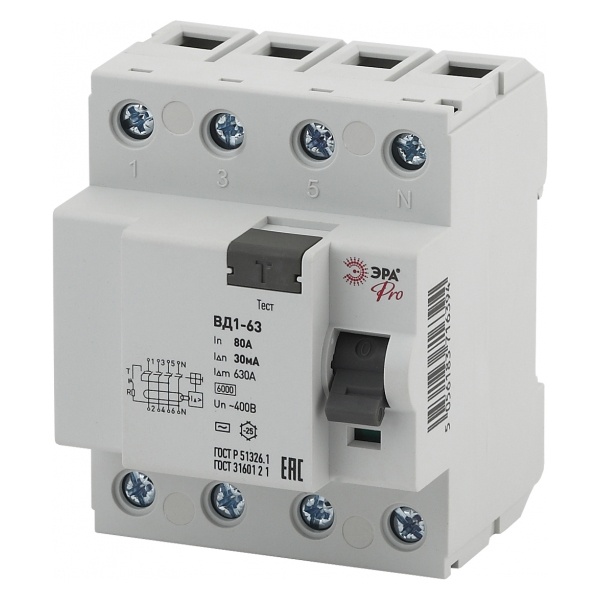 УЗО ЭРА Pro ВД1-63S электромеханическое селективное 3Р+N 40А 100мА тип АС (NO-902-155) (ВДТ)