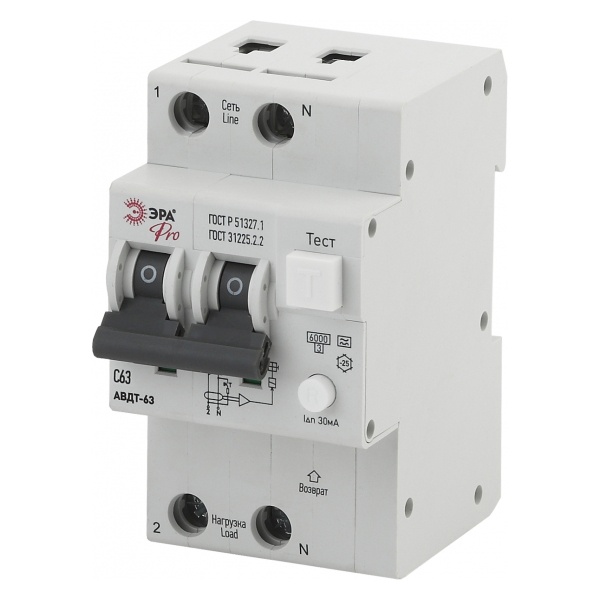 Дифавтомат ЭРА 1П+Н С63А 30мА тип A однофазный электронный 6кА АВДТ-63 (NO-902-05) (дифференциальный автомат, АВДТ)