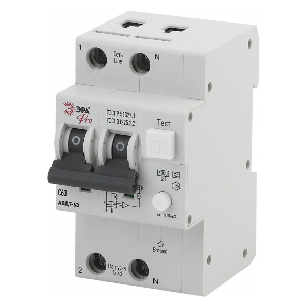 Дифавтомат ЭРА 1П+Н С63А 100мА тип A однофазный электронный 6кА АВДТ-63 (NO-901-97) (дифференциальный автомат, АВДТ)