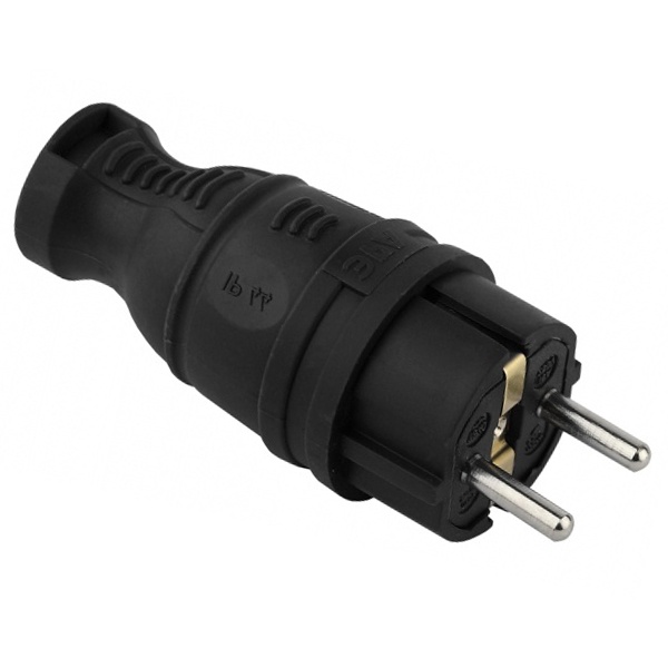 Вилка каучуковая с заземлением ЭРА 2П+З 16A прямая IP44 черная