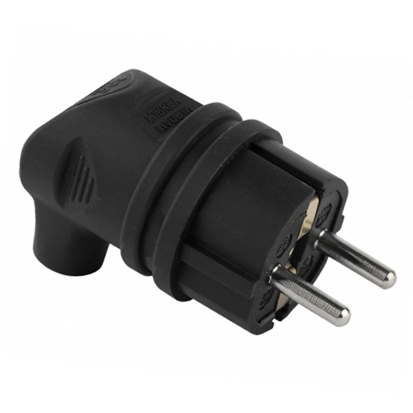Вилка каучуковая с заземлением ЭРА V9(B) 2Р+Е 16А угловая IP44 черная