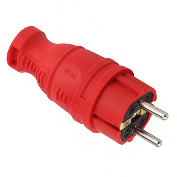 Вилка каучуковая с заземлением ЭРА 2П+З 16A прямая IP44 красная