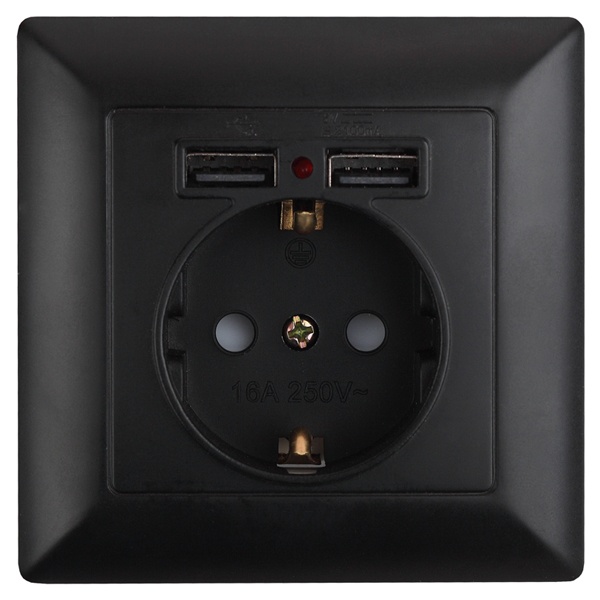 Розетка Intro 2P+E Schuko со шторками 16А-250В + 2хUSB Solo, антрацит 4-410-05