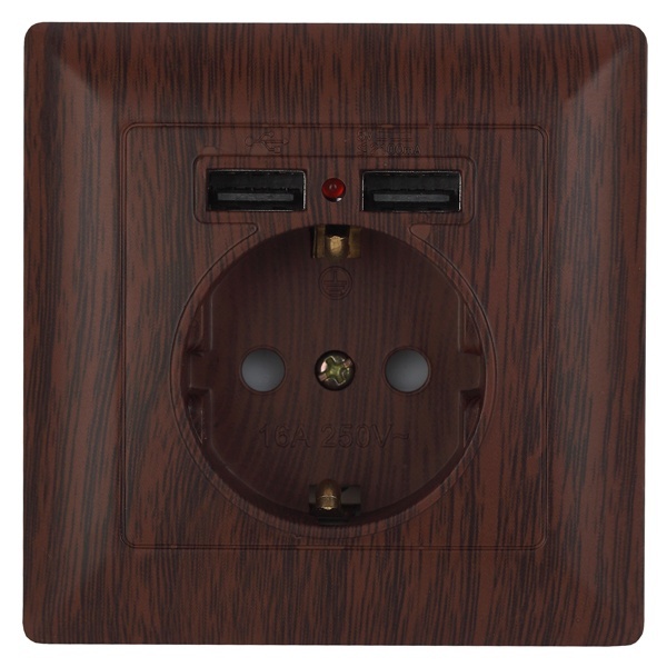 Розетка Intro 2P+E Schuko со шторками 16А-250В + 2хUSB Solo, венге 4-410-10