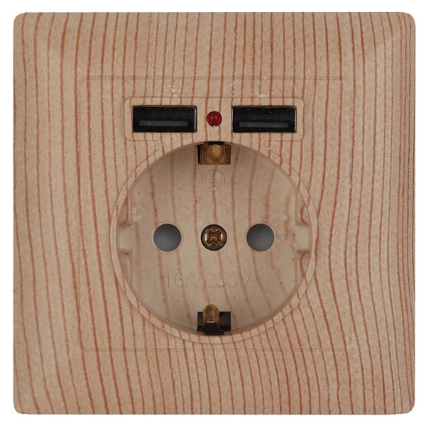 Розетка Intro 2P+E Schuko со шторками 16А-250В + 2хUSB Solo, сосна 4-410-11