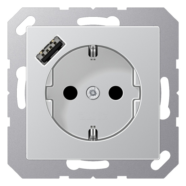 Розетка с заземлением Jung A и с USB-зарядным устройством тип С Алюминий