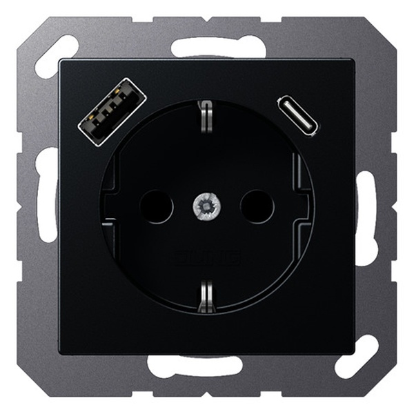 Розетка с заземлением Jung A и с USB-зарядным устройством тип A+тип С Матовый антрацит