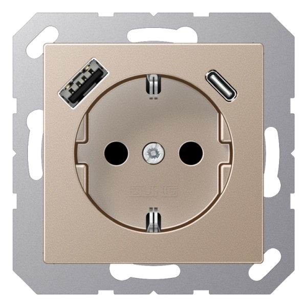 Розетка с заземлением Jung A и с USB-зарядным устройством тип A+тип С шампань