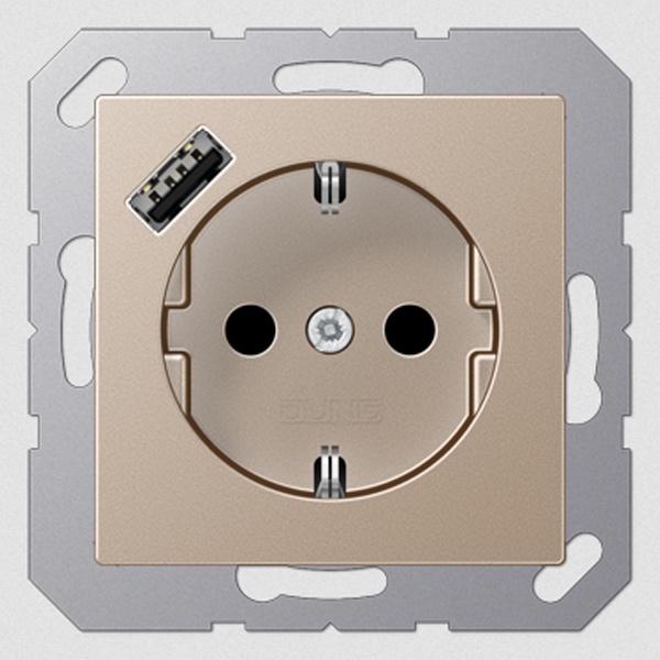 Розетка с заземлением Jung A и с USB-зарядным устройством тип С шампань