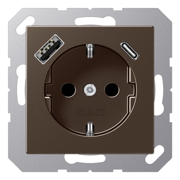 Розетка с заземлением Jung A и с USB-зарядным устройством тип A+тип С Мокка