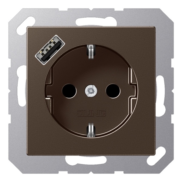 Розетка с заземлением Jung A и с USB-зарядным устройством тип A Мокка