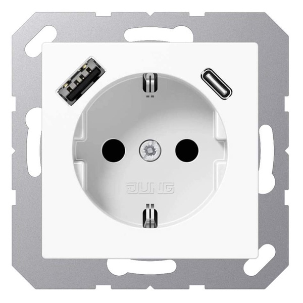 Розетка с заземлением Jung A и с USB-зарядным устройством тип A+тип С Белый