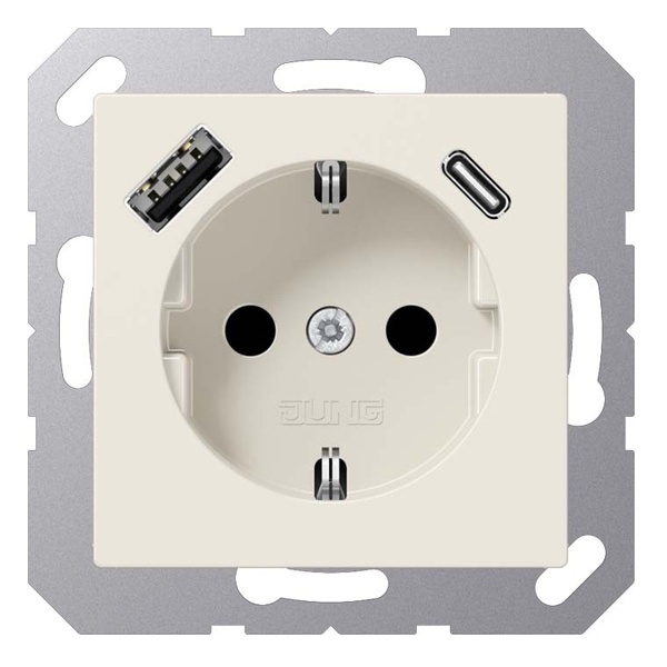 Розетка с заземлением Jung A и с USB-зарядным устройством тип A+тип С Слоновая кость (бежевый)