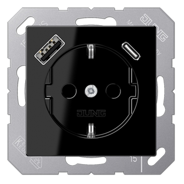 Розетка с заземлением Jung A и с USB-зарядным устройством тип A+тип С Черный