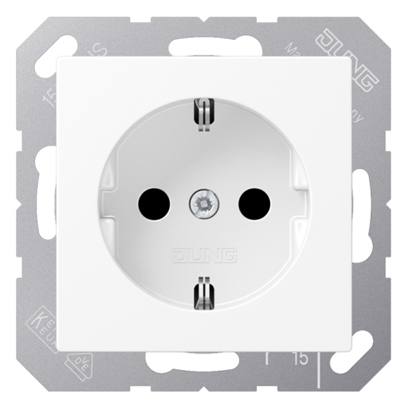Розетка с заземлением Jung A автозажим с защитными шторками Белоснежный матовый